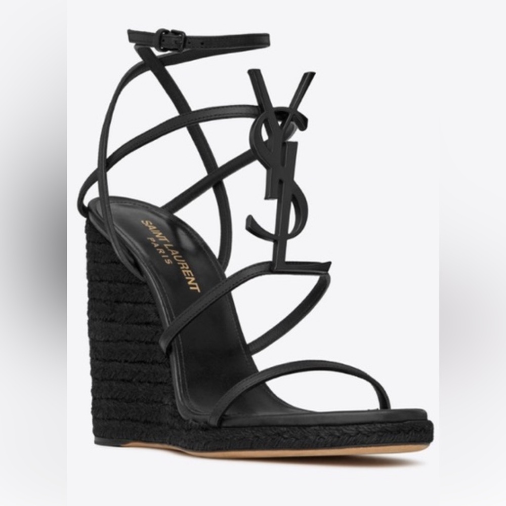 Yves Saint Laurent black espadrille wedge YSL logo sandals Cassandra